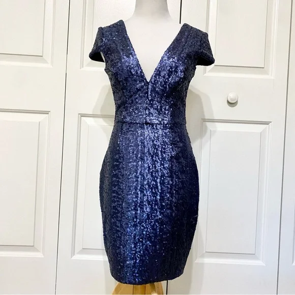 Dress the Population | Dresses | Dress The Population Bree Plunging V Neck Navy  Blue Sequin Bodycon Dress | Poshmark